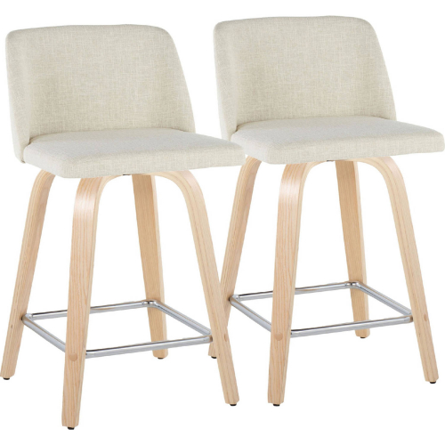 Toriano 24" Swivel Counter Stool in Natural Wood & Cream Fabric w/ Chrome Footrest (Set of 2)